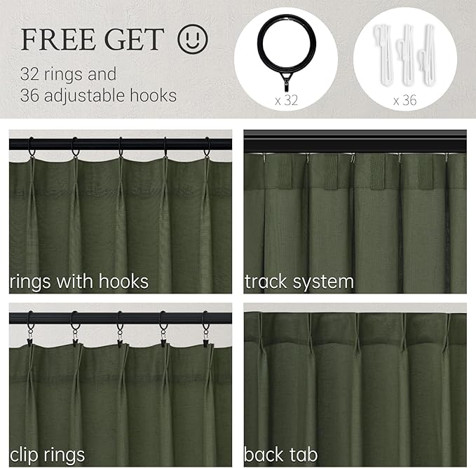 Topfinel 102 Inch Pinch Pleated Linen Curtains 2 Panels, Olive Green Semi Sheer - Image 2