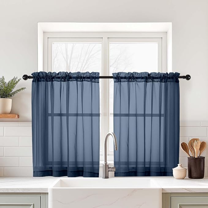 Navy Blue Small Sheer Curtains 2 Panels Set, Kitchen Curtains 36 Inch Length by Home
