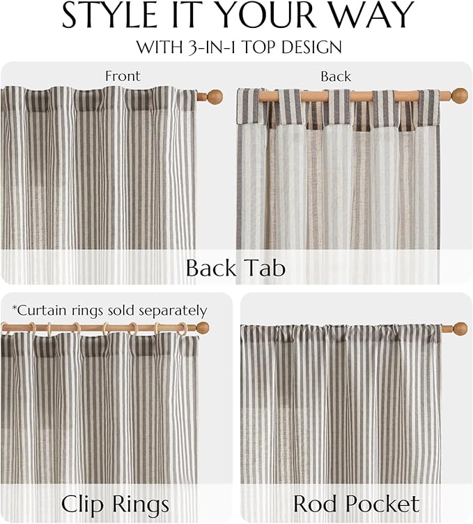 jinchan Linen Curtains Charcoal Grey on Beige Striped Curtains - Image 5