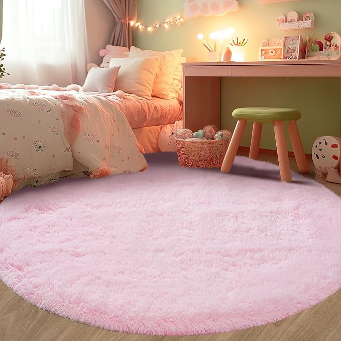 Round Rug 7x7Feet for Living Room: Pink Shag Round Area Rugs for Living - Image 3