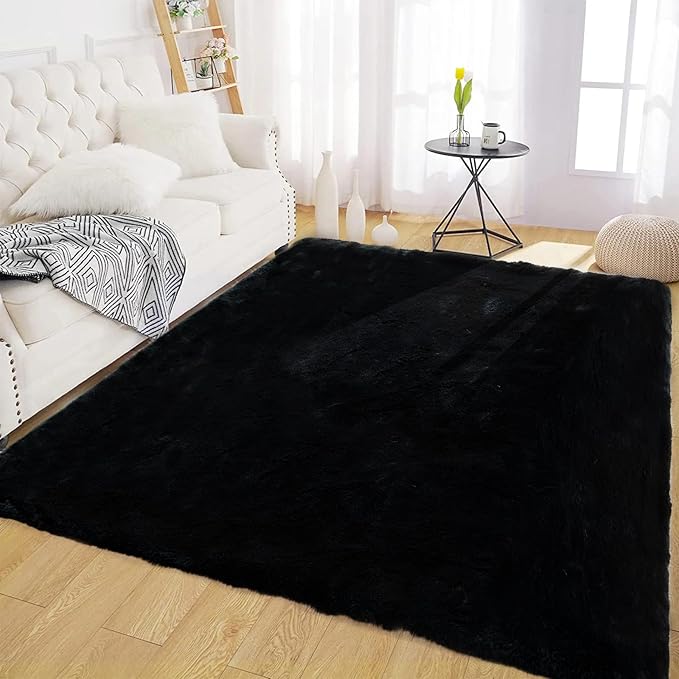 Latepis 5x7 Area Rugs Black Fluffy Washable Faux Fur Rug Shaggy Rabbit Fuzzy by Latepis