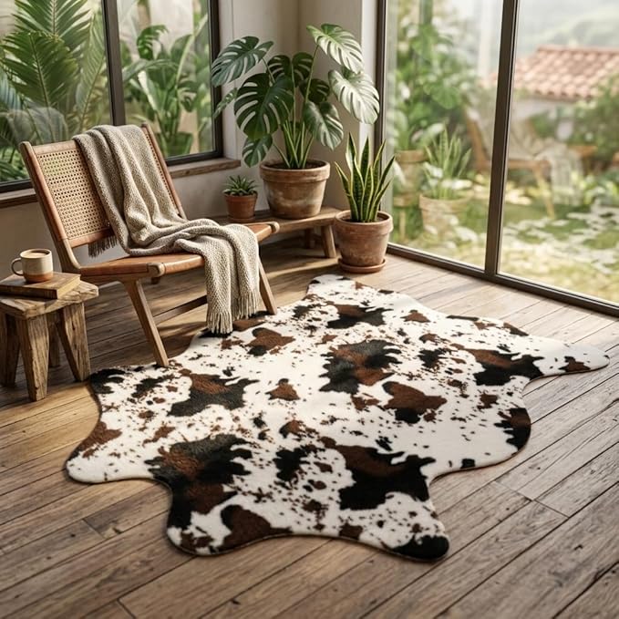 MustMat Brown Faux Cowhide Rug Western Cowboy Cow Print Fur Skin Area Carpet - Image 7