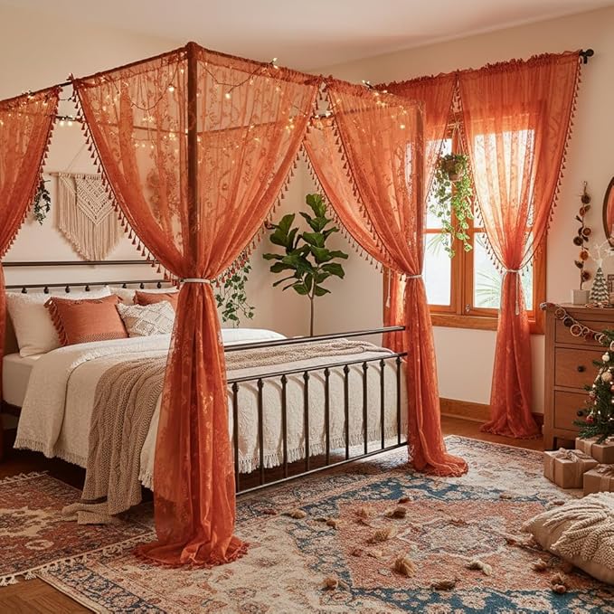 WAZZIO Boho Lace Curtains 63 Inch 2 Panels-Vintage Sheer Panel Drape Floral - Image 5