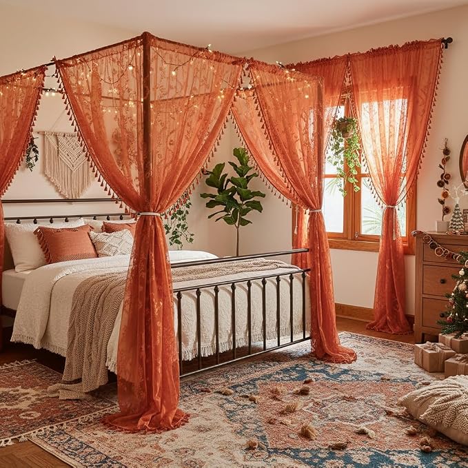 WAZZIO Boho Lace Curtains 102 Inch 2 Panels -Vintage Sheer Panel Drape Floral - Image 7