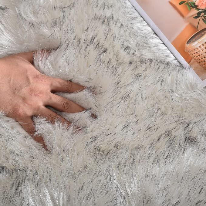 ORINOVA White and Grey Shaggy Round Rugs 6.6ft Large Circle Washable Faux - Image 6