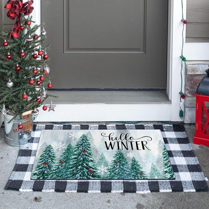 Hello Winter Door Mat Outdoor for Front Door, Pine Trees Snowy Forest Red - Image 2