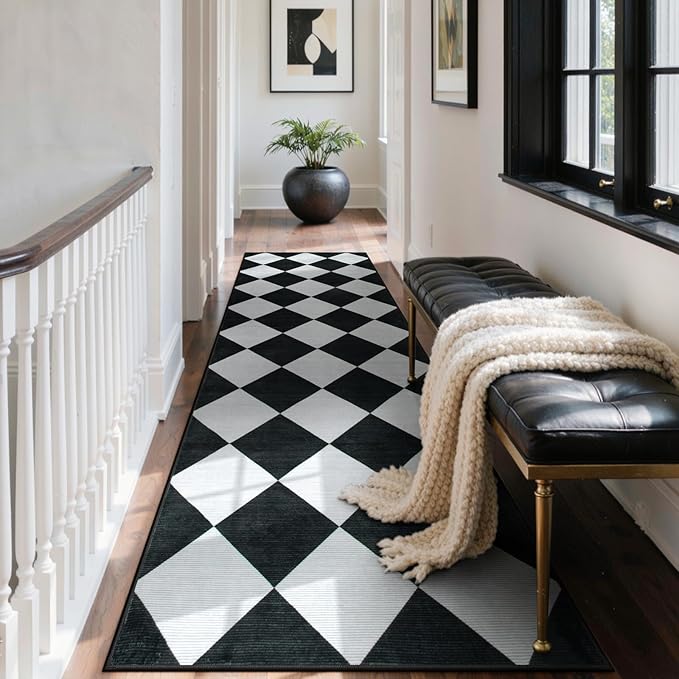Beeiva Checkered Print Runners for Hallways 2.5x8, Ultra Thin Black Kitchen by Beeiva