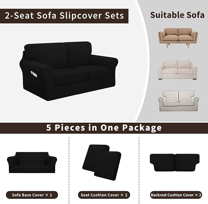 Easy-Going 5 Pieces Stretch Loveseat Cover Washable Loveseat Slipcover Set - Image 3