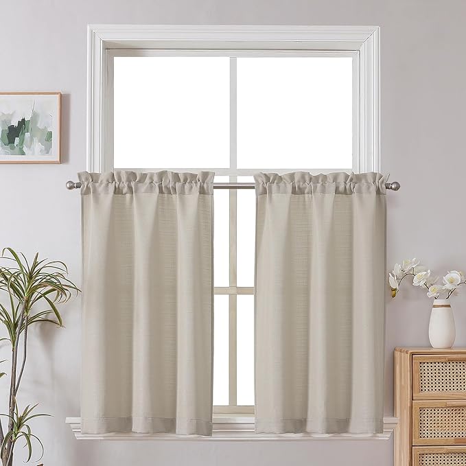 Chyhomenyc 2 Panels Kitchen Curtains 36 Inch Length, Faux Linen Textured Small by Chyhomenyc