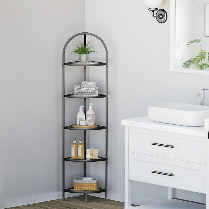 Homhedy 5-Tier Corner Shelf Stand, Metal Corner Bookshelf, Tempered Glass - Image 5