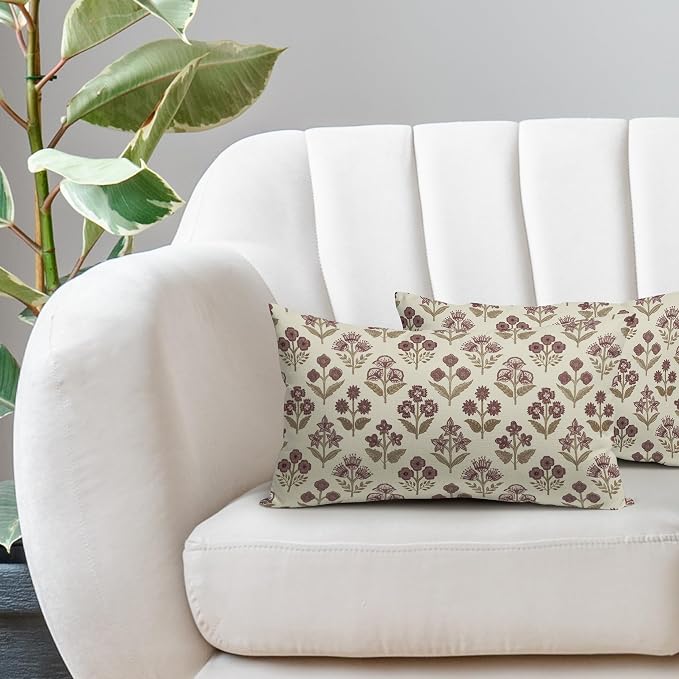 Brown Burgundy Floral Pillow Covers 12x20 Inch Set of 2, Block Print Lumbar - Image 5