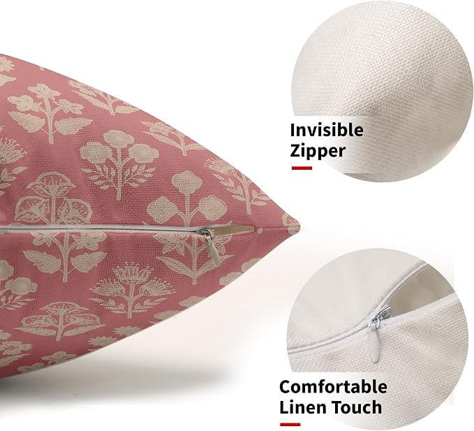 Pink Pillow Covers 12x20 Inch Set of 2, Cream Floral Block Print Pattern Lumbar - Image 2
