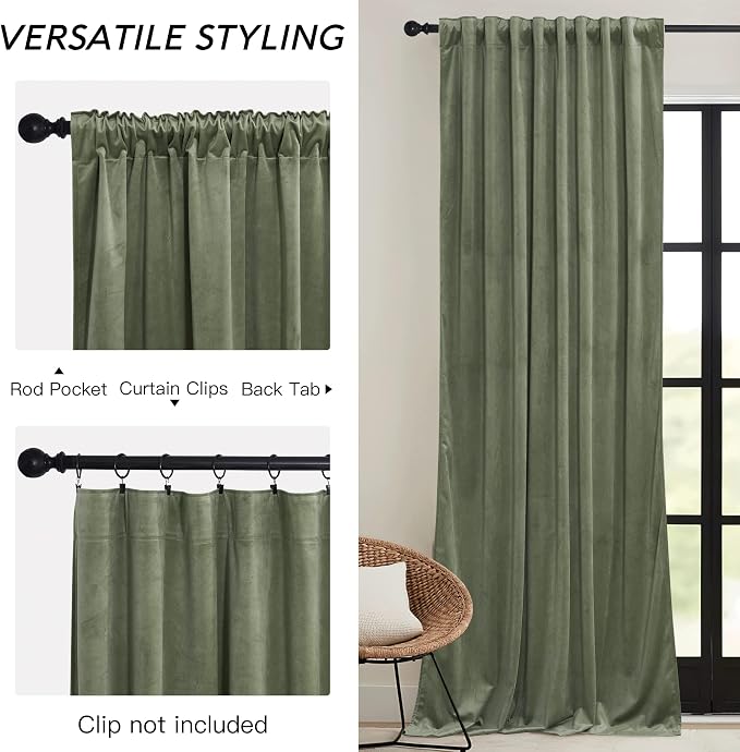 RYB HOME Sage Green Velvet Curtains 96 inch, Room Darkening Super Soft Velvet - Image 3