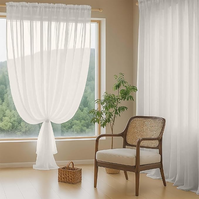 Ivory Sheer Curtains 63 Inch Length 2 Panels, Voile Sheer Curtain - Image 8