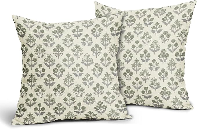 Green Grey Gray Floral Block Print Pillow Covers 16x16 Inch Set of 2, Vintage - Image 2