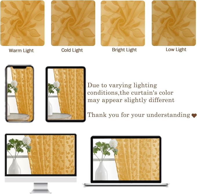 Chyhomenyc Gold Sheer Curtains 36 Inch Length, Light Filtering Leaf Tufted - Image 8