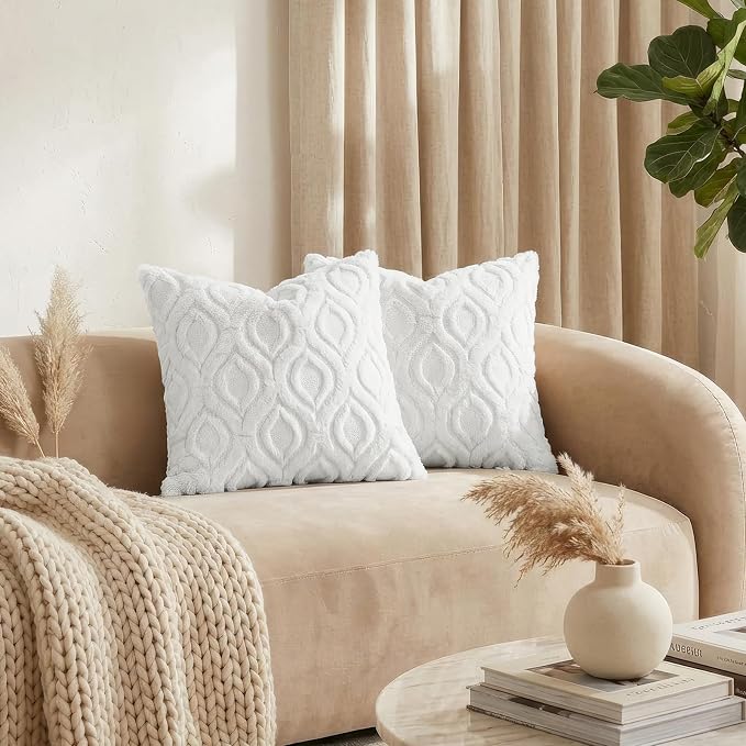 decorUhome Throw Pillow Covers 24x24 Inch Set of 2, Soft Plush Faux Wool White - Image 3