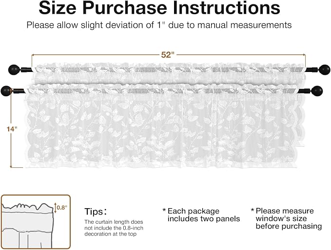 Rinwoc White Lace Semi-Sheer Valance Curtains – Privacy Light Filtering Rod - Image 2