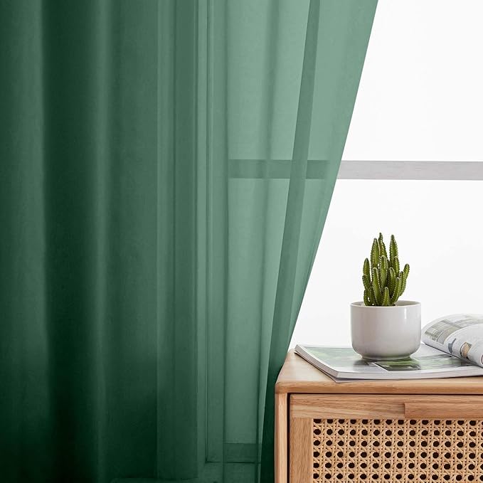 Sheer Hunter Green Curtains for Bedroom Living Room 54 Inch Length 2 Panels Set - Image 6