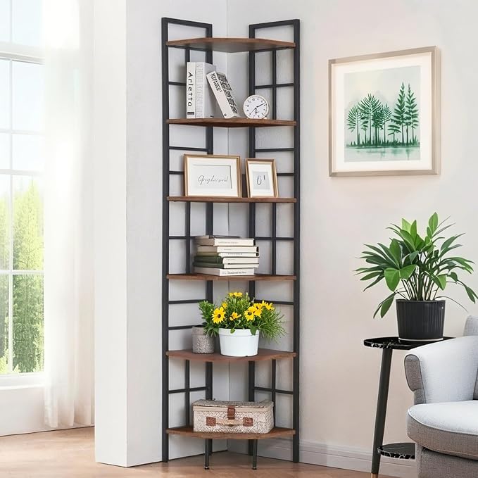 HOMISSUE Corner Shelf, 6 Tier Tall Narrow Bookshelf 76.9", Industrial Corner - Image 4