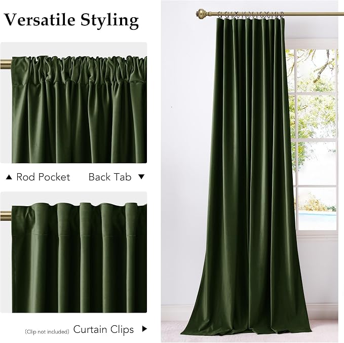 NICETOWN Olive Green Blackout Velvet Curtains 96" Length 2 Panels - Image 4