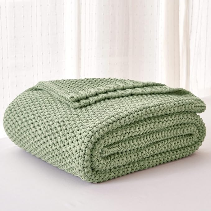 Chunky Cable Knit Throw Blanket Lightweight Light Green 100% Organic Cotton - Image 4