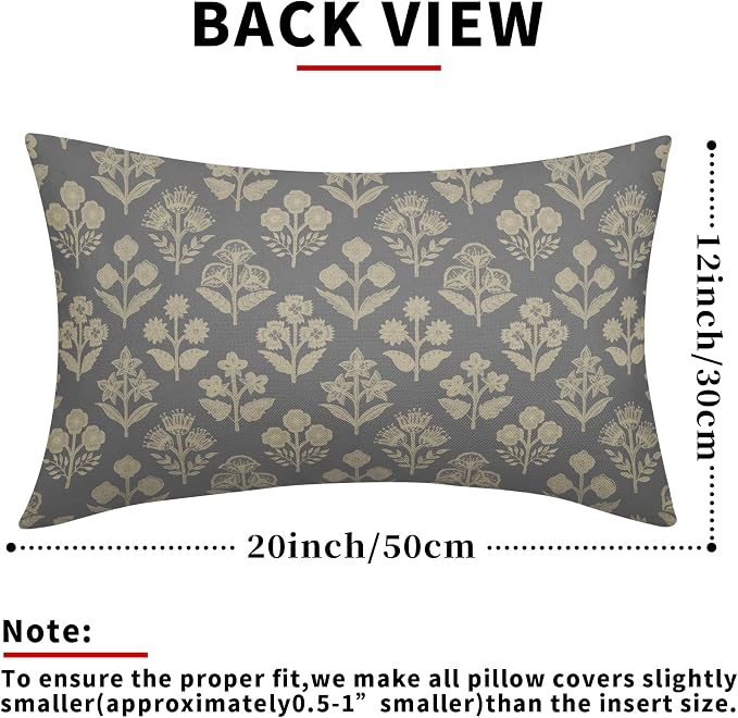 Grey Gray Pillow Covers 12x20 Inch Set of 2, Cream Floral Block Print Pattern - Image 3