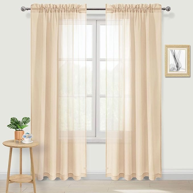 DWCN Beige Sheer Curtains Semi Transparent Voile Rod Pocket Curtains by DWCN