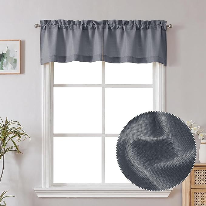 Chyhomenyc Dark Grey Valance for Windows, Faux Linen Slub Textured Semi Sheer by Chyhomenyc