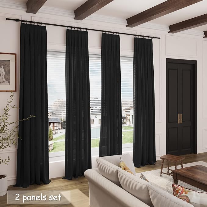 Black Linen Curtains 126 Inches Long 2 Panels Set - Image 7