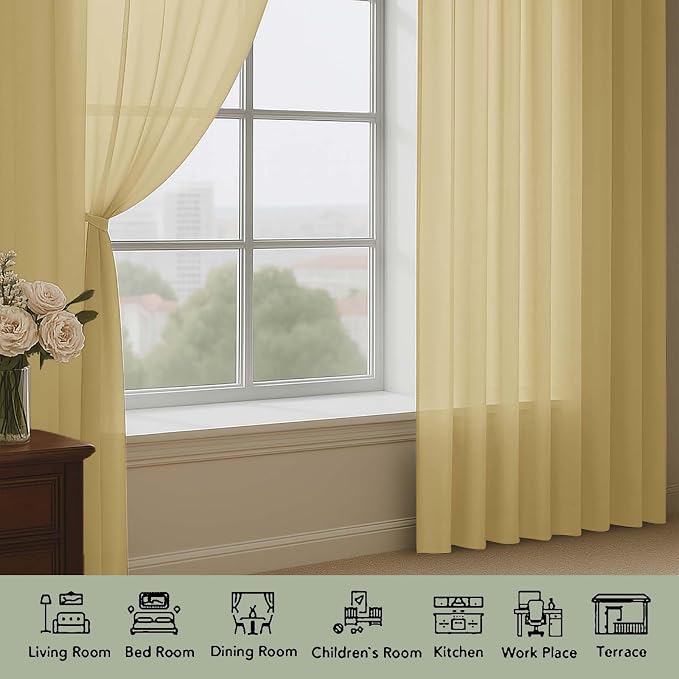 OWENIE Sheer Gold Curtains, Sheer Curtains 63 inch Length 2 Panels Set - Image 3
