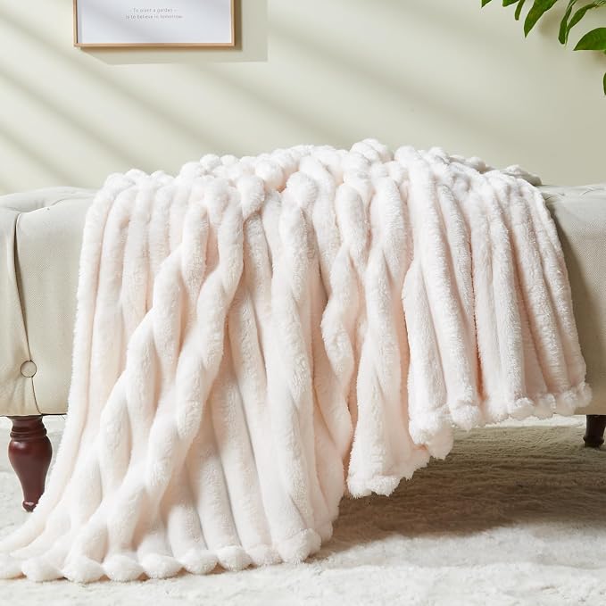 NEWCOSPLAY Super Soft King Blanket Ivory Premium Silky Flannel Fleece 3D Ribbed - Image 8