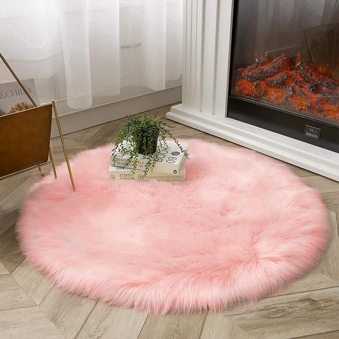 Latepis Pink Circle Round Rug 3ft Faux Fur Sheepskin Rugs - Image 7