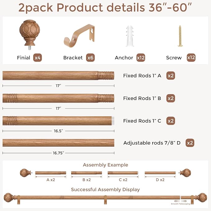 2 Pack Wood Curtain Rods for Windows 30 to 56 Inch, Boho Vintage Decorative 1 - Image 5