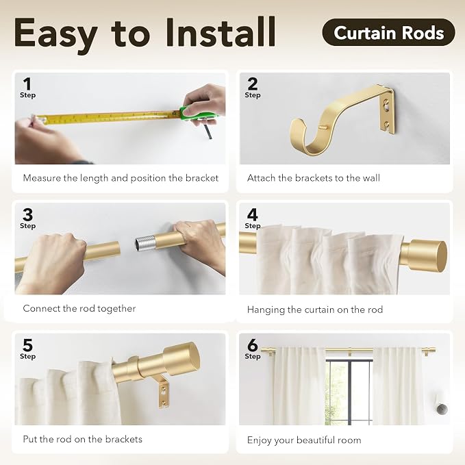 Extra Long Curtain Rods for Windows 32 to 170 Inch, 1 Inch Gold Curtain Rods - Image 6