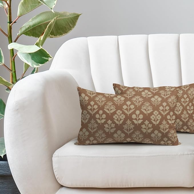 Brown Pillow Covers 12x20 Inch Set of 2, Cream Floral Block Print Pattern - Image 5