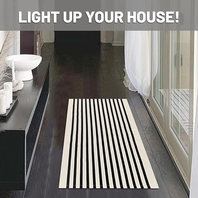 IOHOUZE Black Beige Striped Rug -2'x3' Front Door Rugs Outdoor, Small Washable - Image 3