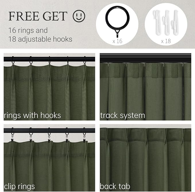 Topfinel Olive Green Pinch Pleated Linen Curtains 84 Inch Length 1 Panels - Image 2