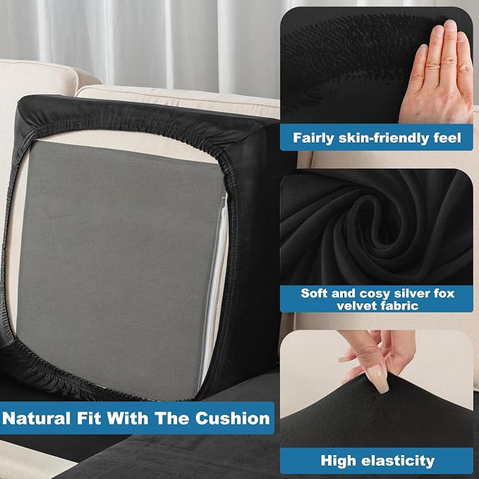 Couch Cover 4-Piece Elastic Velvet Couch Cushion Covers & Chaise Slipcovers - Image 7