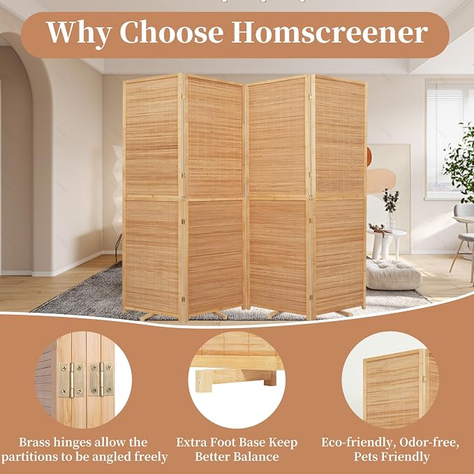 Room Divider Folding Privacy Screens, Hand-Made 67'' High Bamboo Room Dividers - Image 3