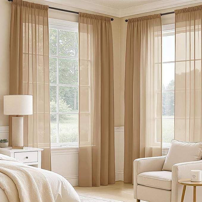 MIULEE Brown Sheer Curtains 63 Inches Long, 4 Panels Set, Rod Pocket Voile - Image 2