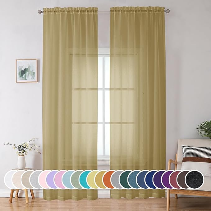OWENIE Gold Sheer Curtain 96 Inch Long 2 Panels Set, Light Filtering Clear Rod by OWENIE