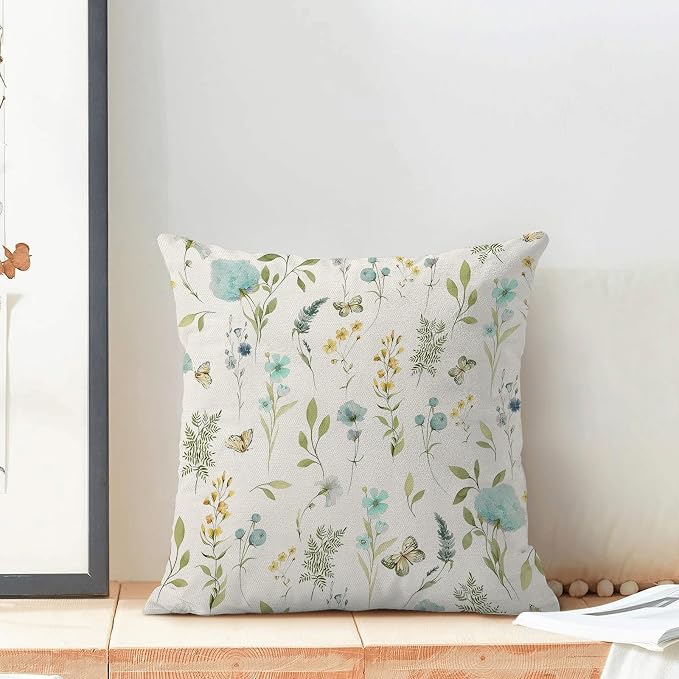 Spring Pillow Covers 16x16 Inch Set of 2, Aqua Teal Sage Green Wild Flower - Image 3