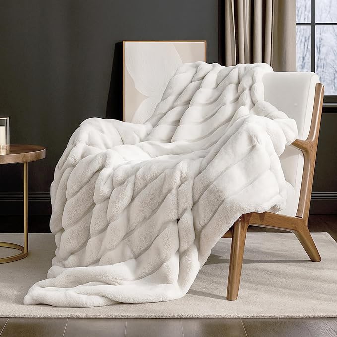 Cozy Bliss Deluxe Sheared Rabbit Faux Fur Throw Blanket, Soft Fuzzy High-Low by CozyBliss