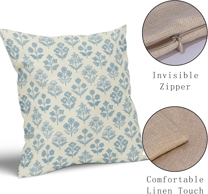 Light Blue Floral Pillow Covers 18x18 Inch Set of 2, Vintage Flower Block Print - Image 4