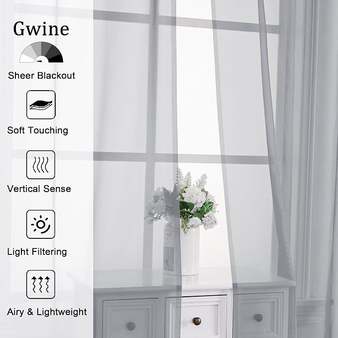 Gwine Light Grey Sheer Curtain Tiers 24 Inch Length, Light Filtering Voile - Image 3