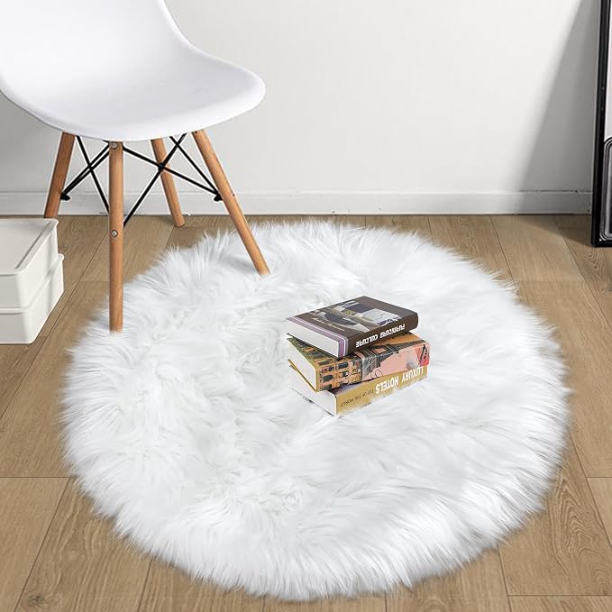 White Faux Fur Rug Small Round Fluffy Rug 2x2 Feet Round Rug - Image 3