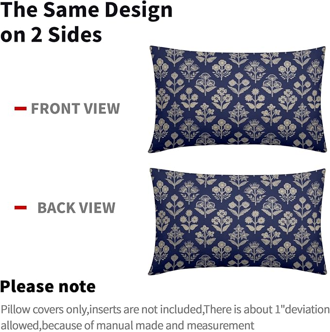 Navy Blue Pillow Covers 12x20 Inch Set of 2, Cream Floral Block Print Pattern - Image 4