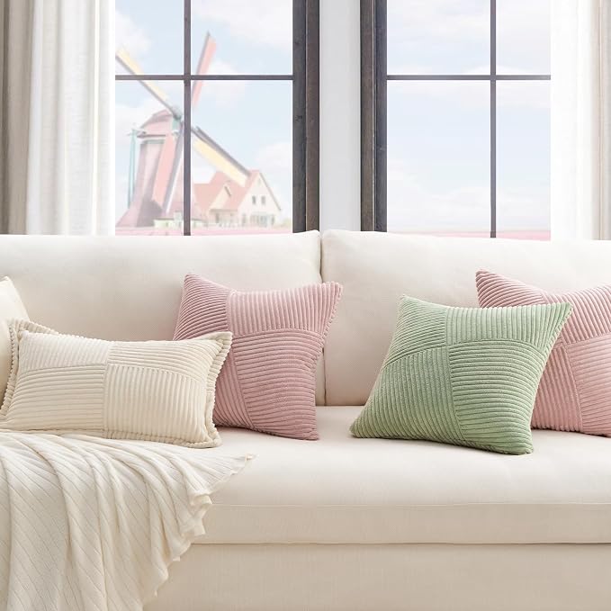 Topfinel 24x24 inches Pink Euro Pillow Shams Set of 2 Corduroy Decorative Throw - Image 2