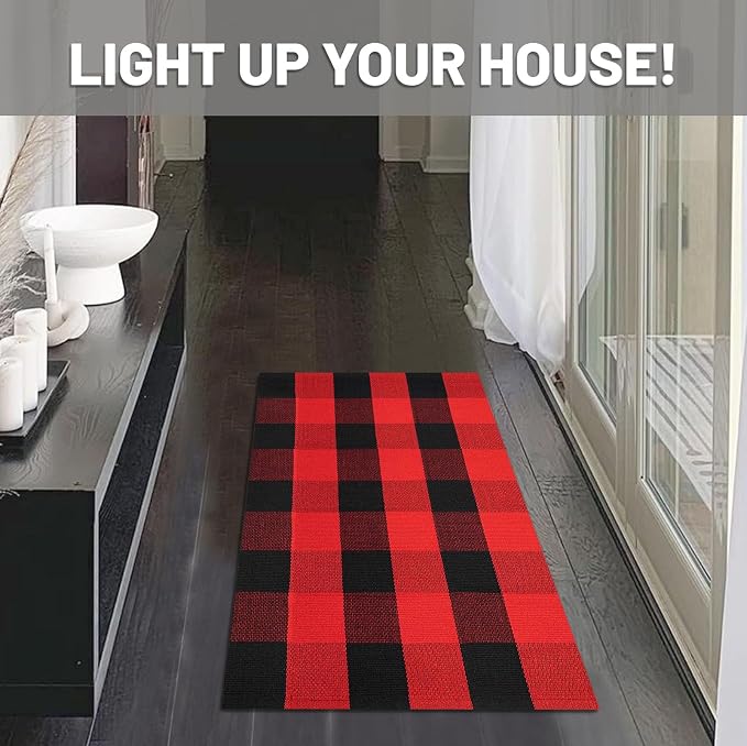 IOHOUZE Christmas Buffalo Plaid Rug 2x3 Ft Outdoor Indoor Doormat Red Black - Image 3